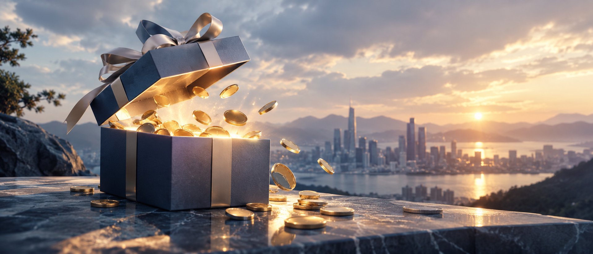 Gift box opening with coins and light