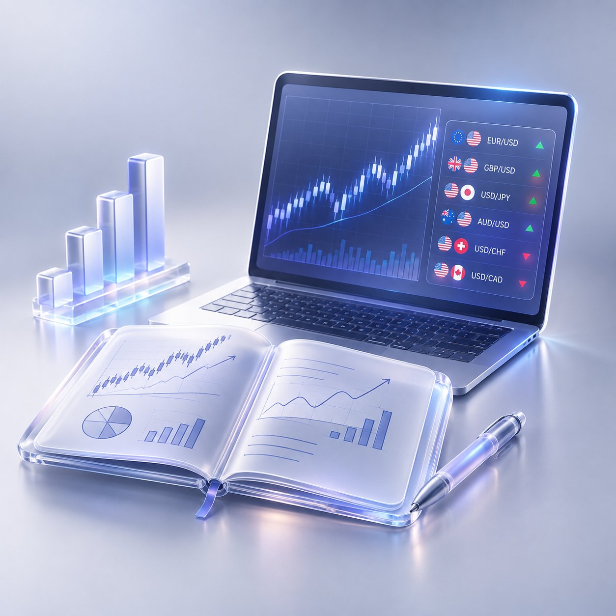 Open notebook with chart sketches beside a laptop showing currency pairs