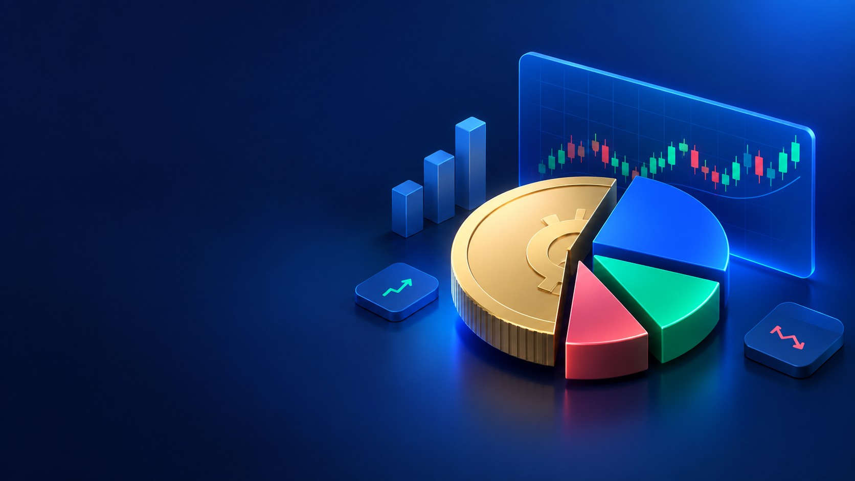 Large coin sliced into precise segments with a chart in the background