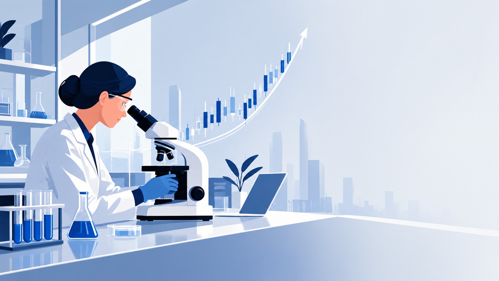 Clean laboratory scene blended with an upward stock chart